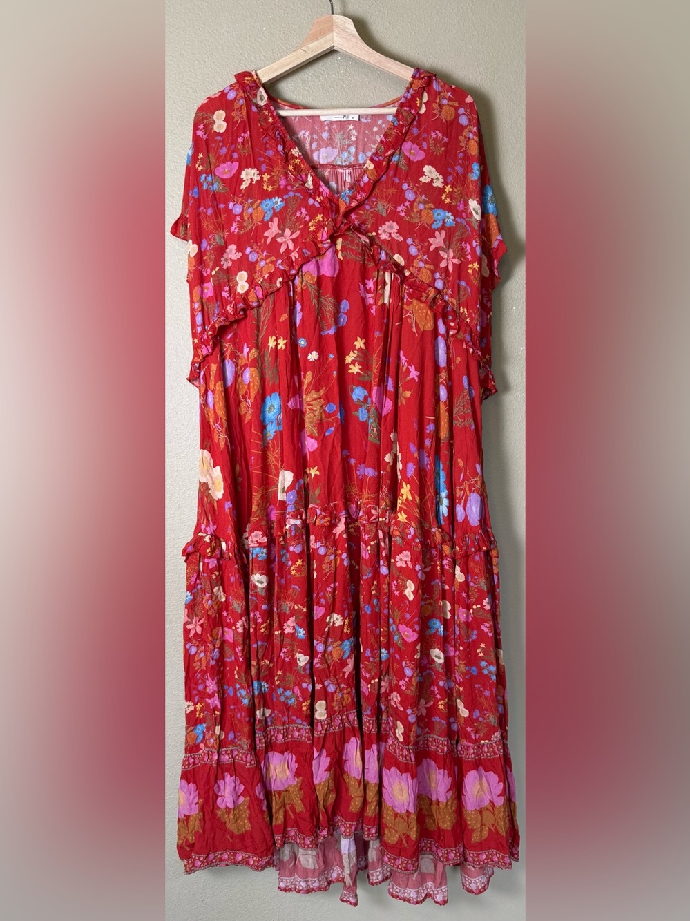 Spell Red Oversized Floral Ruffle Maxi Tiered Dress Medium - Picture 2 of 6
